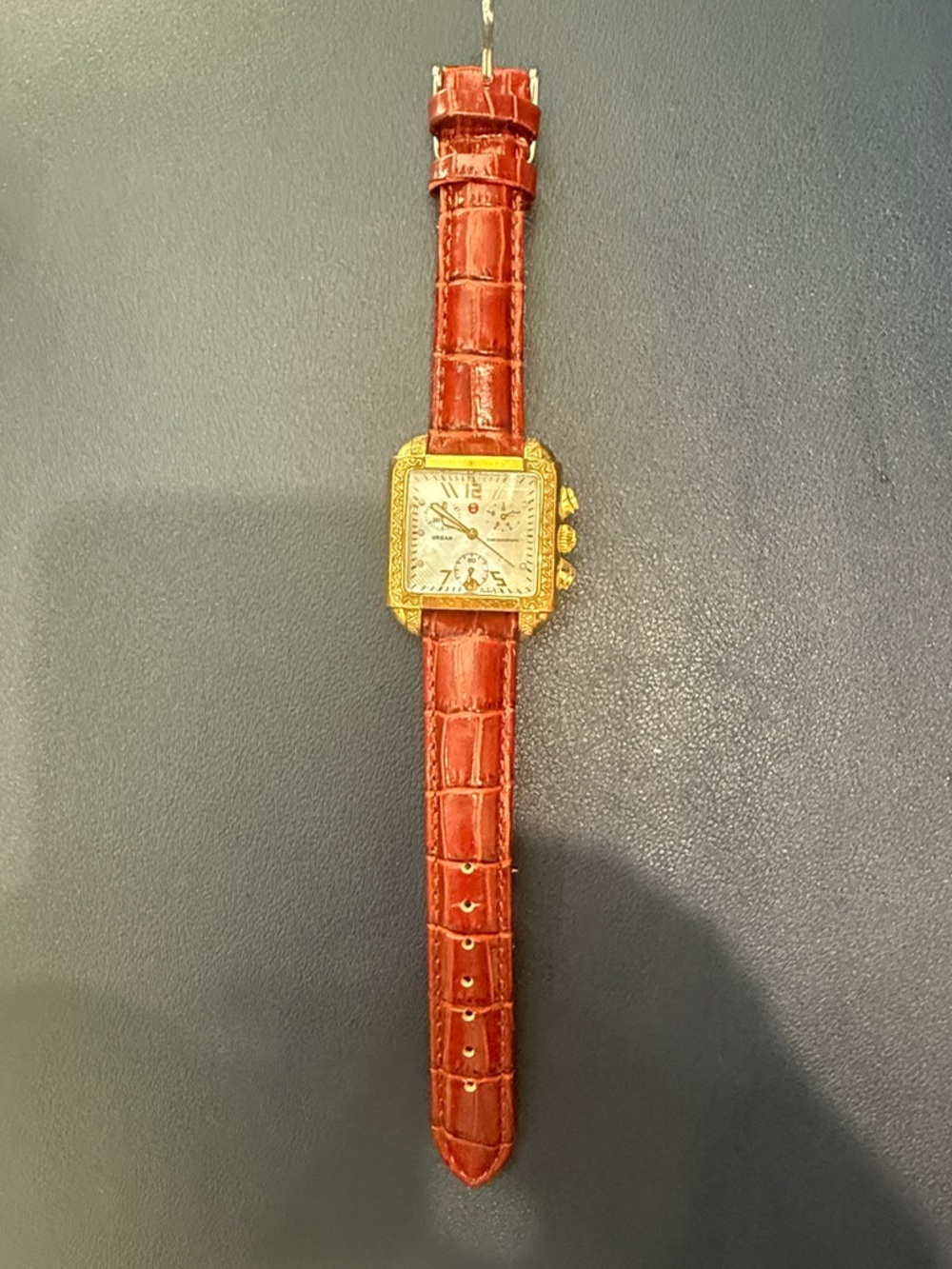 Michele Red Croc-Pattern Leather Strap Gold-Tone Square Watch